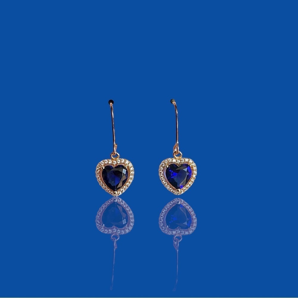 NEW Rose Gold Tone Simulated Sapphire & White Diamond Heart Dangle Earrings